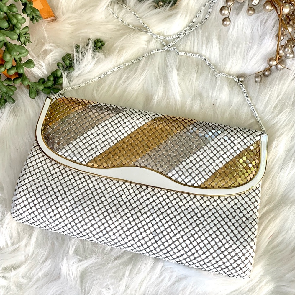 Vintage White Mesh Clutch/ Purse with Silver & Gold Pattern